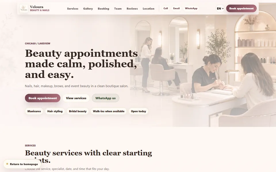 Veloura Beauty & Nails — screenshot of the concept website
