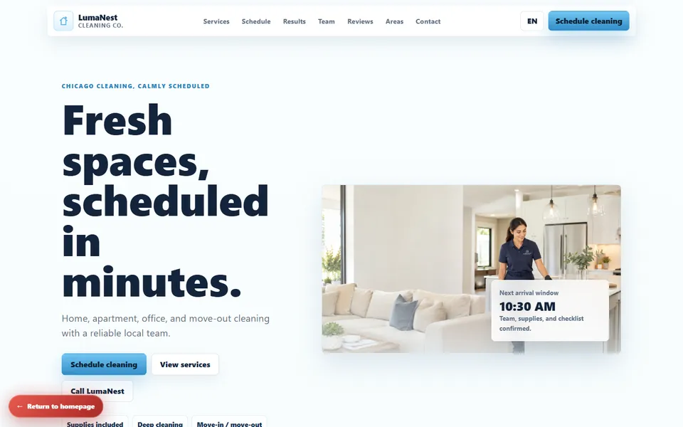 LumaNest Cleaning Co. — screenshot of the concept website