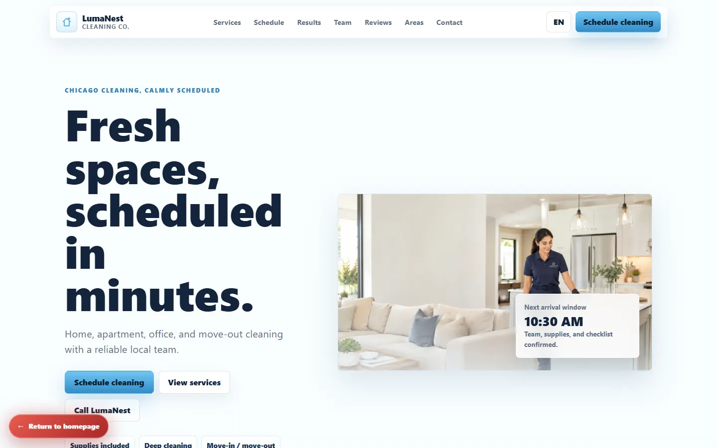 LumaNest Cleaning Co. — screenshot of the concept website