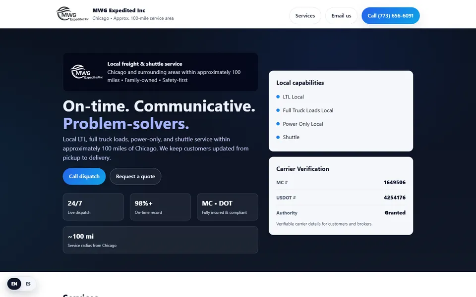 MWG Expedited — homepage screenshot of the live website